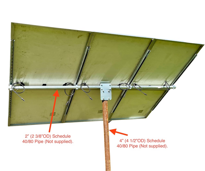 Top of pole mount diagram showing 2 inch horizontal pipe and 4 inch ground pipe