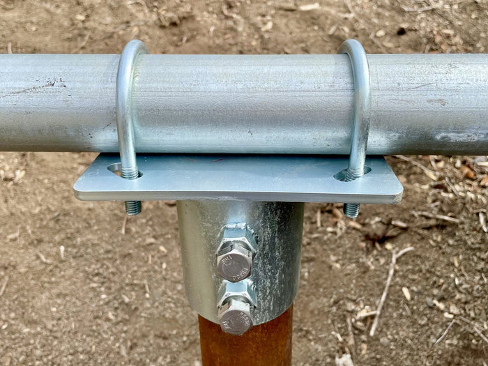 Close-up of top of pole mount U-bolts and set bolts